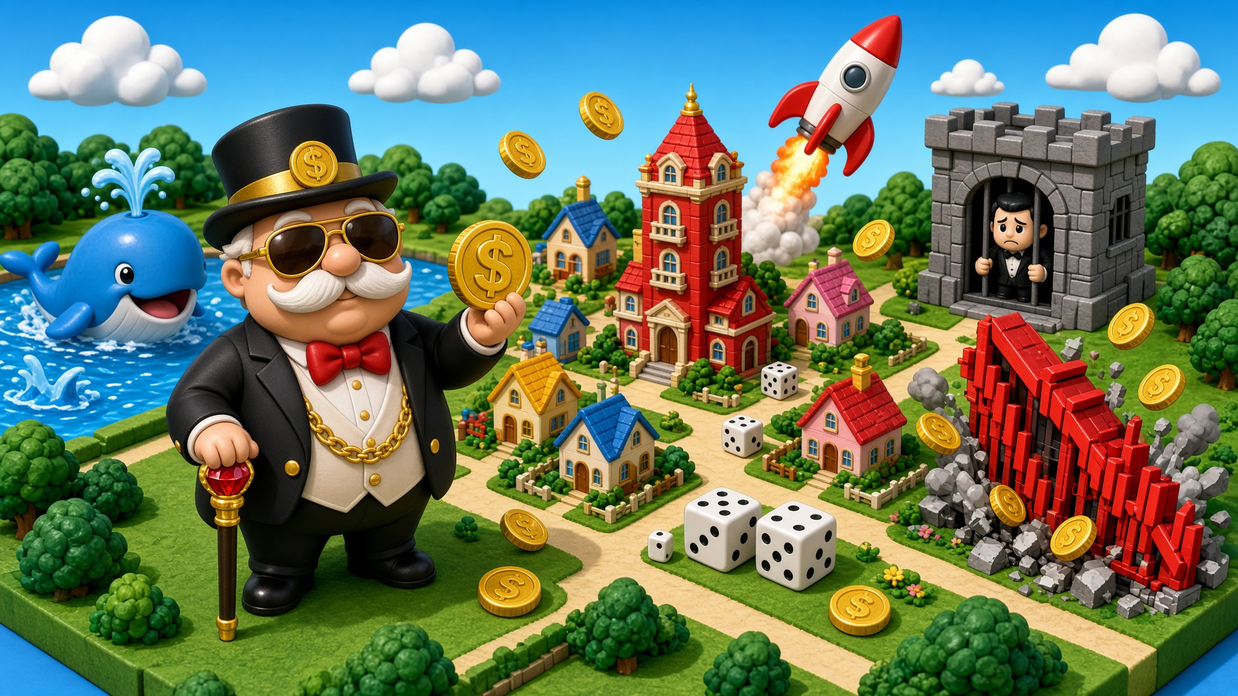 Cartoon crypto property city with the MONOPOLY landlord, houses, a whale and Rekt Jail